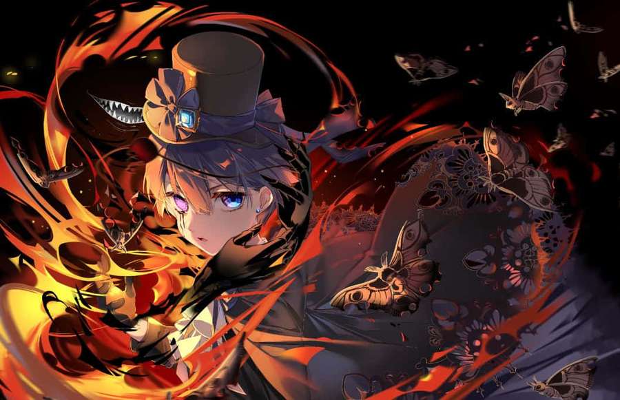 Anime character with purple eyes and top hat surrounded by fire and mechanical butterflies. — Ciel Phantomhive Wallpaper