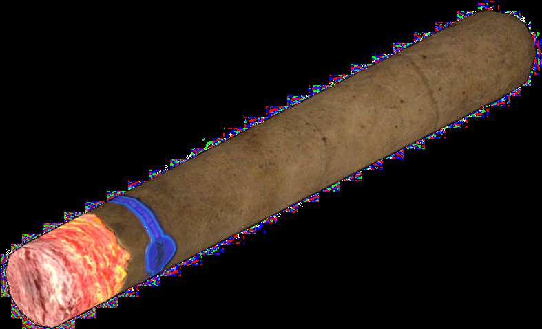 A lit cigar with glowing ember and blue band on black background. — Cigar PNG
