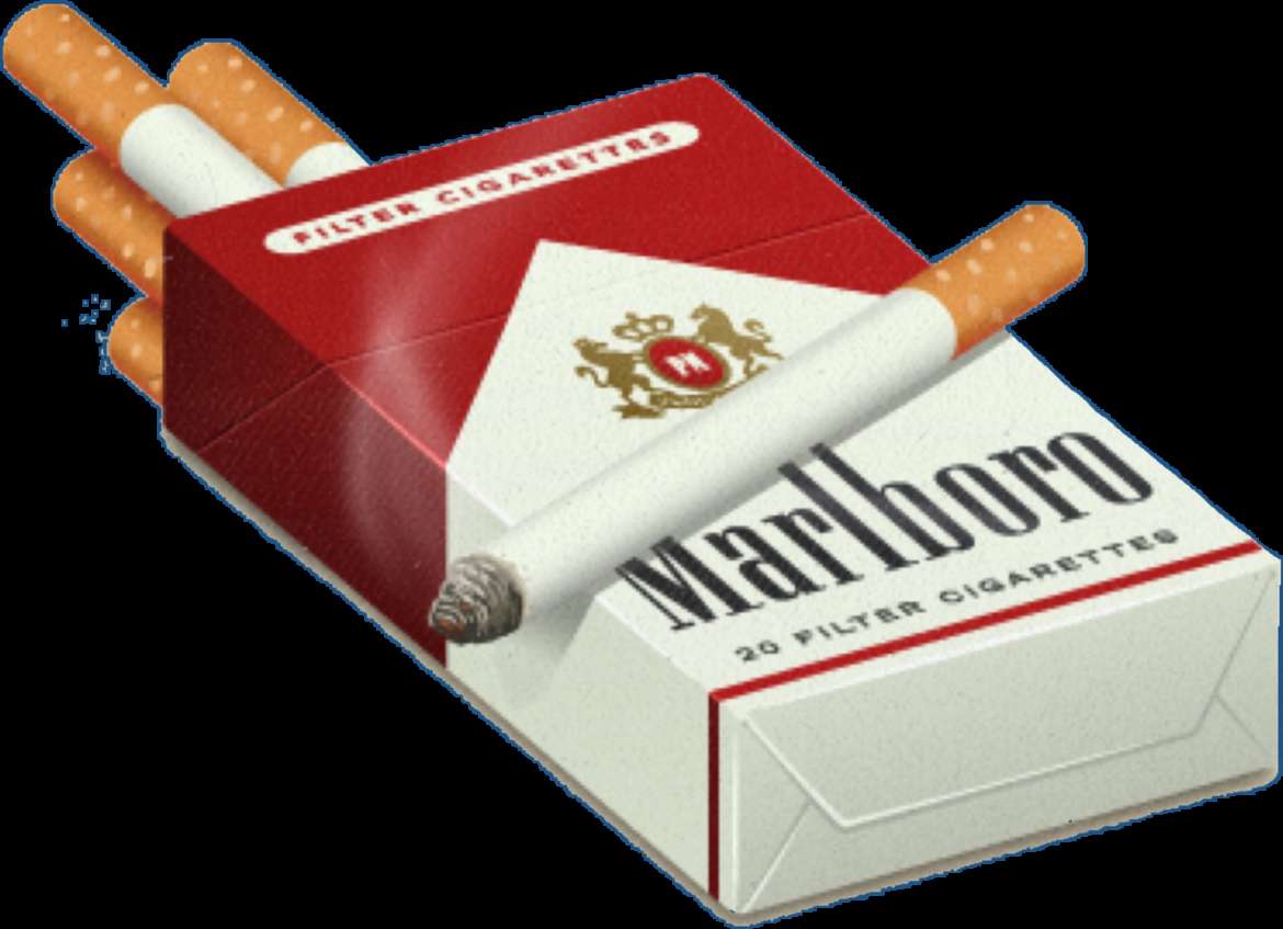 Marlboro cigarette pack with cigarettes spilling out. — Cigarettes PNG