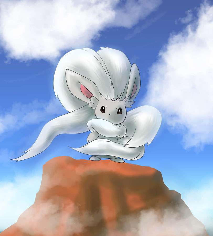 A white nine-tailed anime creature perched on a red rock under a blue sky. — Cinccino Wallpaper