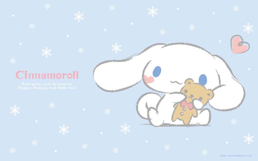 Cinnamoroll holding a teddy bear in a snowy scene with falling snowflakes. — Cinnamoroll Background