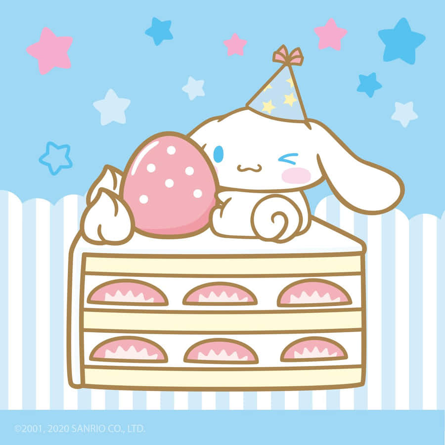 Lindo conejito con gorro de fiesta en pastel de cumpleaños con glaseado rosa y fondo estrellado. — Cinnamoroll Fondos de pantalla