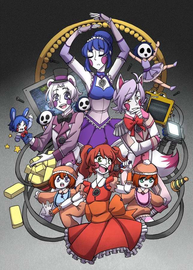 Sete personagens estilo anime com orelhas de animal e motivos de caveira posam em torno de um círculo dourado. — Circo Papéis de Parede