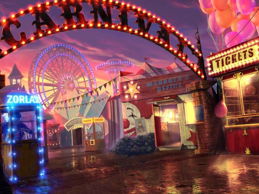 Carnival entrance with glowing lights balloons and Ferris wheel at dusk. — Circus Background
