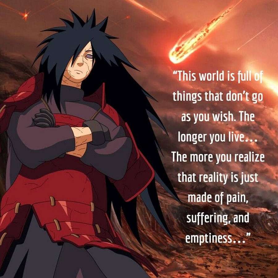 Personagem de anime de capa vermelha com citação contra céu flamejante com meteoro caindo. — Citações de Naruto Papéis de Parede