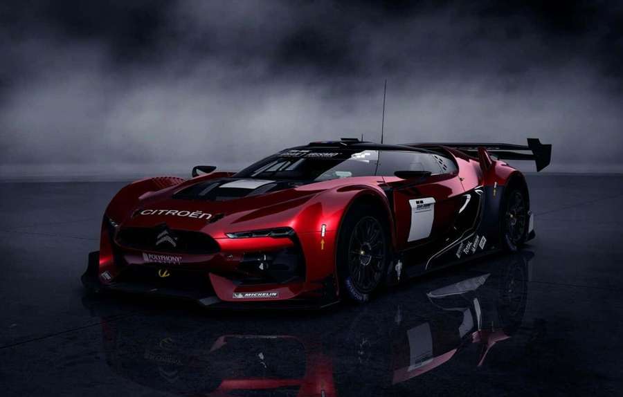Red Citroën race car with black details on wet reflective floor under dark smoky sky. — Citroen Ds Survolt Wallpaper