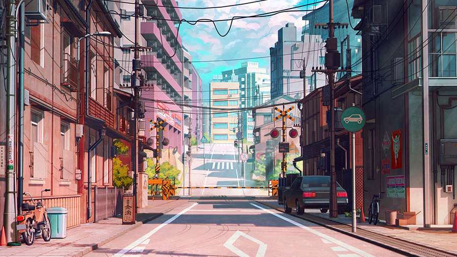 Calle de ciudad japonesa al estilo anime con cruce de tren y edificios coloridos al atardecer. — Ciudad Anime Fondos de pantalla