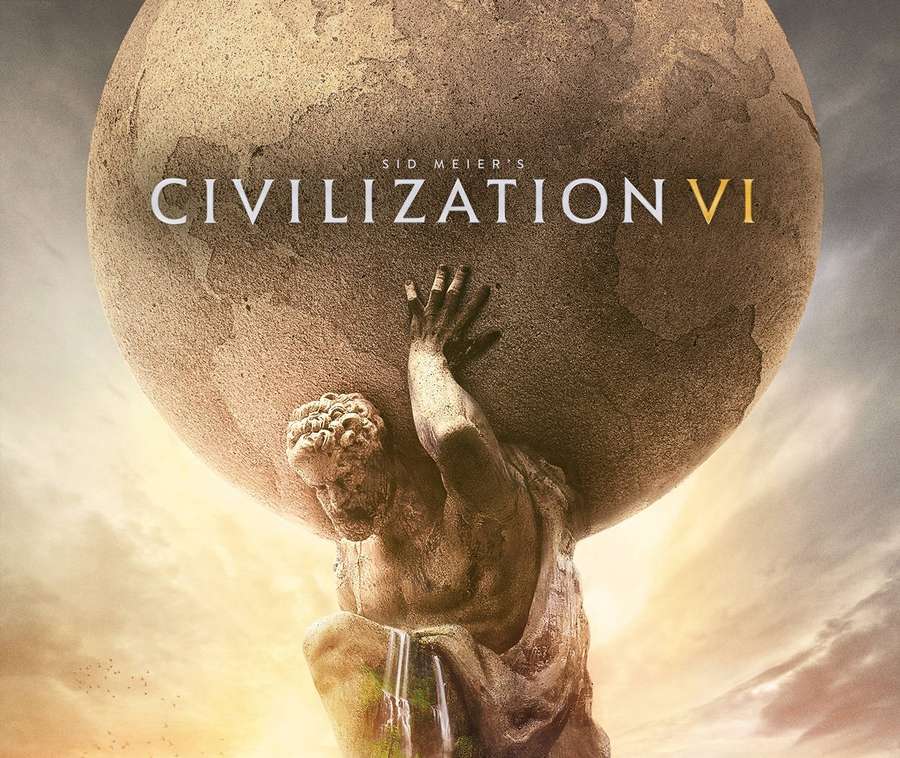 Stone statue of a warrior bearing a globe against a golden sunset sky. — Civilization Background
