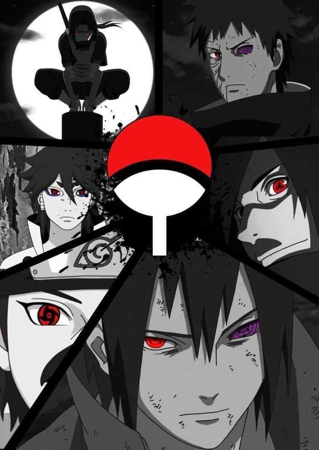 Personagens de anime com olhos vermelhos e roxos ao redor de um símbolo Sharingan. — Clã Uchiha Papéis de Parede