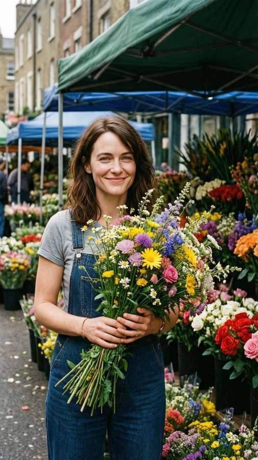 Claire Foy in a colorful flower market with a bouquet, cheerful and lively. — Claire foy Wallpaper