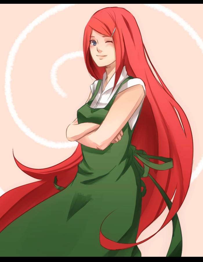 Anime girl with red hair and green apron smiling with arms crossed. — Clan Wallpaper