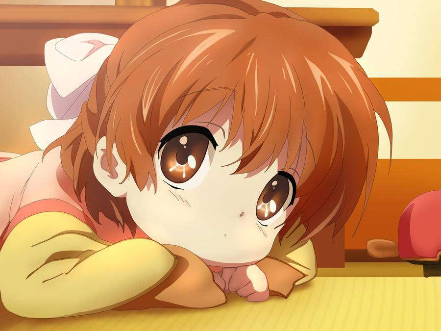 Anime-Mädchen mit braunen Haaren liegt auf Holzboden und schaut mit großen Augen nach oben — Clannad Bilder