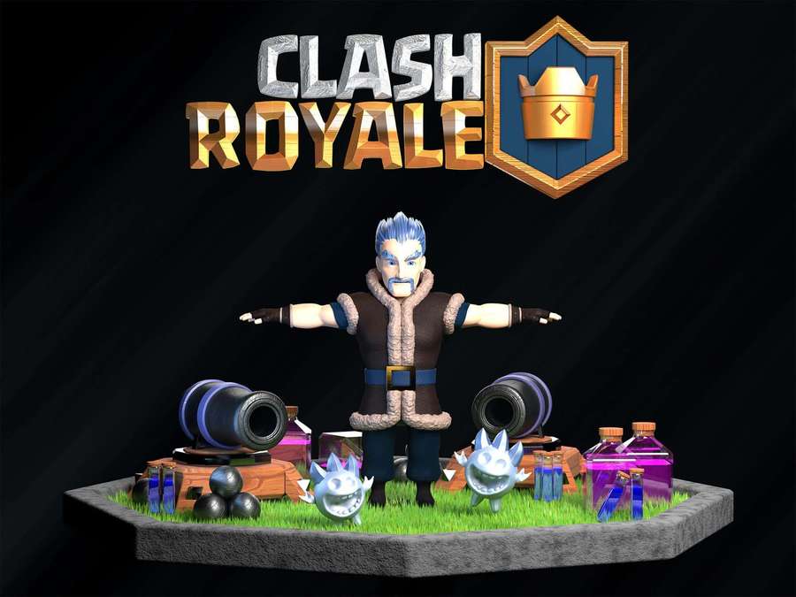 Clash Royale game character with goblins cannons and potions on grassy platform. — Clash Royale Background