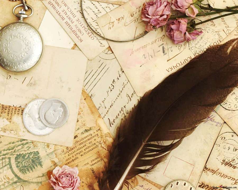 Vintage pocket watch coins and pink roses on aged handwritten letters and postcards. — Classic Background