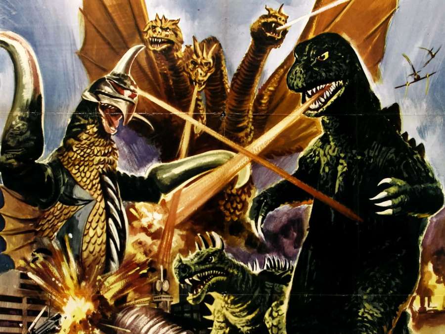Godzilla taistelee useita kaiju-hirviöitä vastaan tulisen kaupunkitaistelun kohtauksessa. — Classic Godzilla Taustakuvat