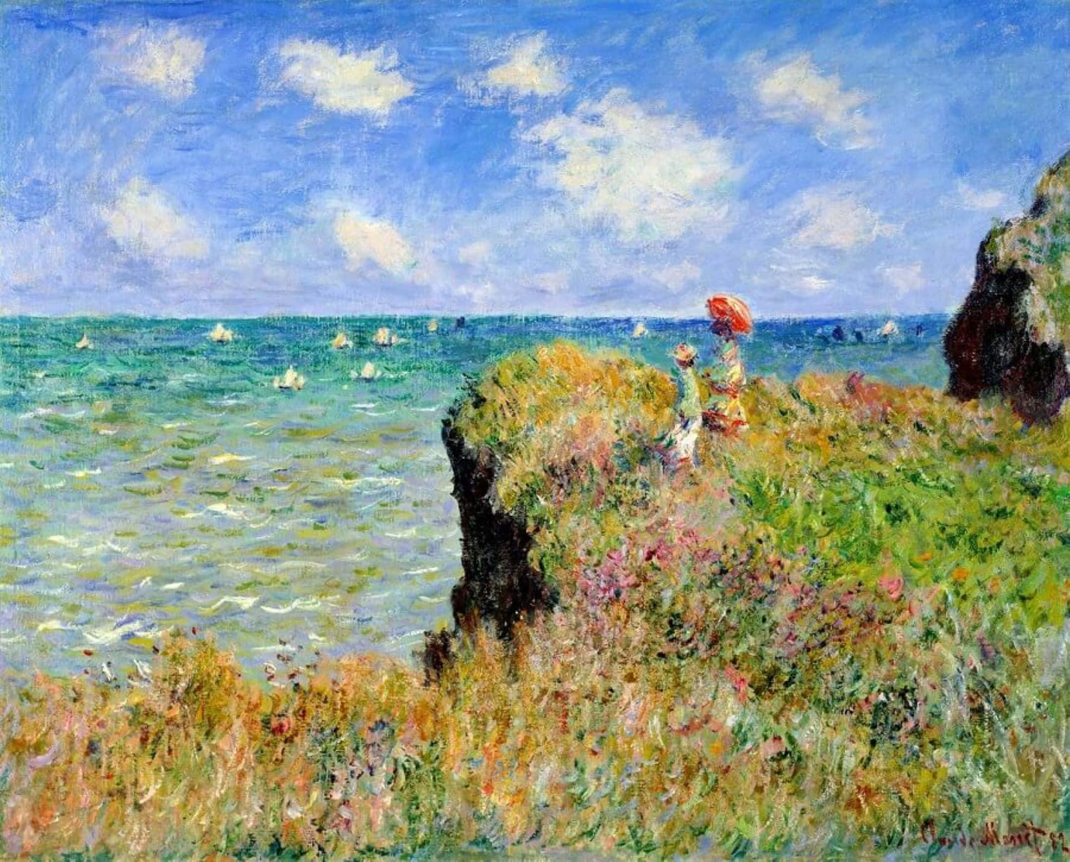 Woman in red hat on cliff overlooking ocean with sailboats — Claude Monet Background