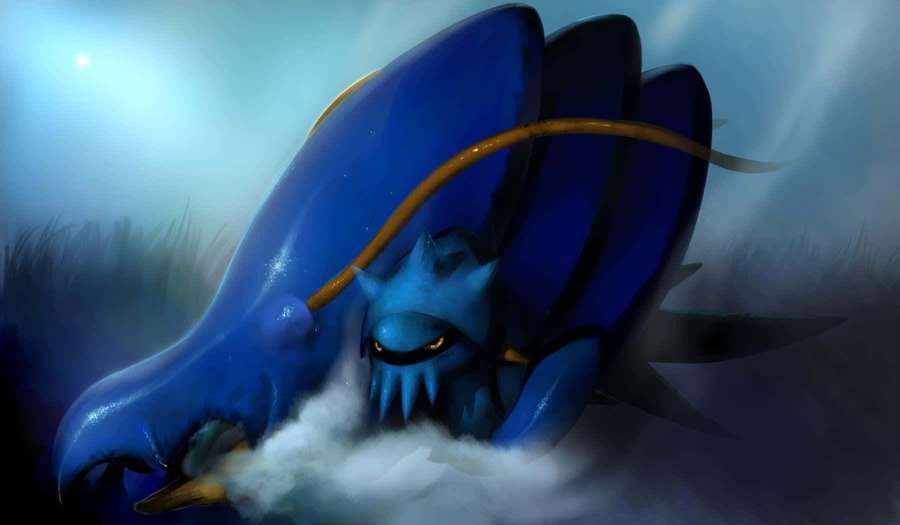 A blue dragon with glowing eyes breaks through mist in a fantasy scene. — Clawitzer Picture