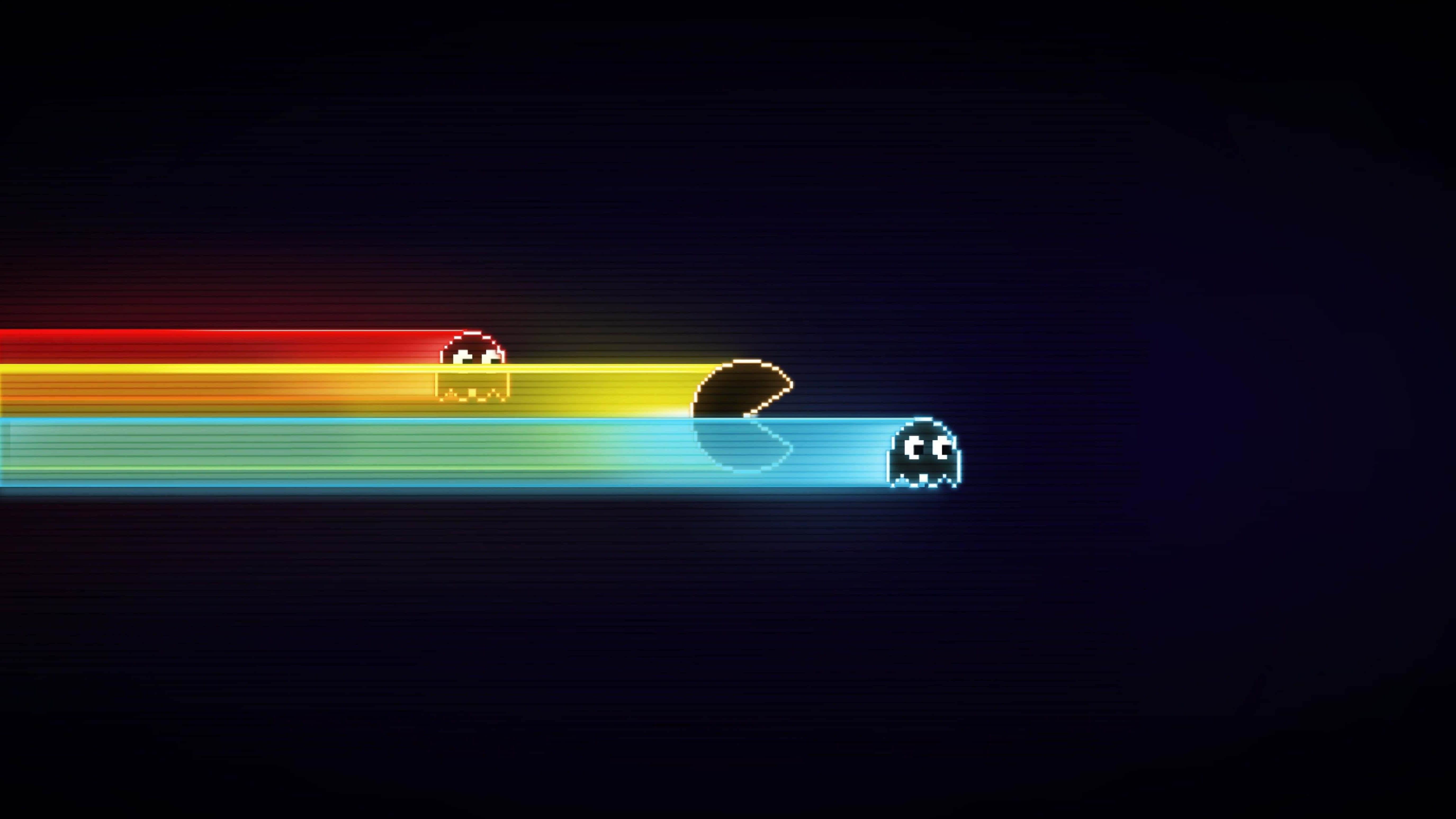 Pacman and ghost racing through a colorful neon trail in a retro video game scene. — Clean 4K Wallpaper