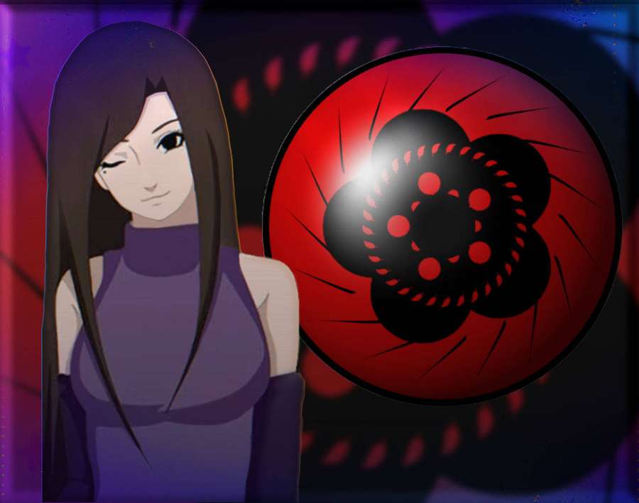 Ragazza anime con lunghi capelli scuri e outfit viola accanto a un occhio Rinnegan rosso brillante. — Clean Sfondi