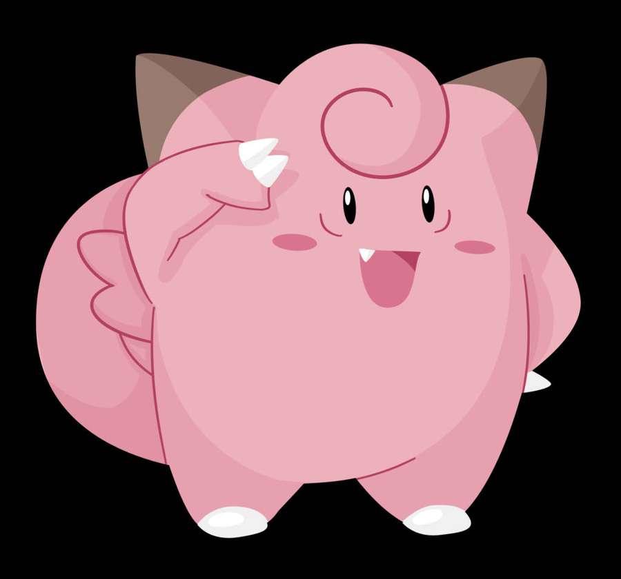 Pink cartoon Pokémon with a curly top and white claws smiling cheerfully. — Clefairy Wallpaper