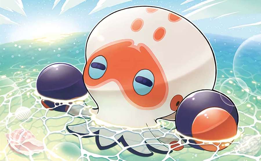 A cartoon octopus with orange spots swims in clear water with bubbles and seashells. — Clobbopus Wallpaper