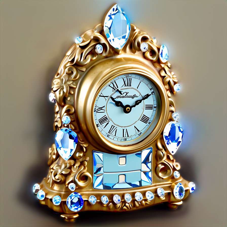 Gilded clock with blue crystals and Roman numerals on beige wall. — Clock PNG