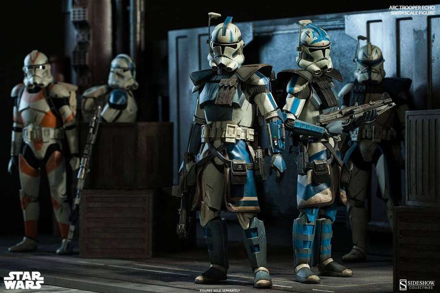 Clone troopers in detailed armor standing in a dim industrial setting. — Clone Background