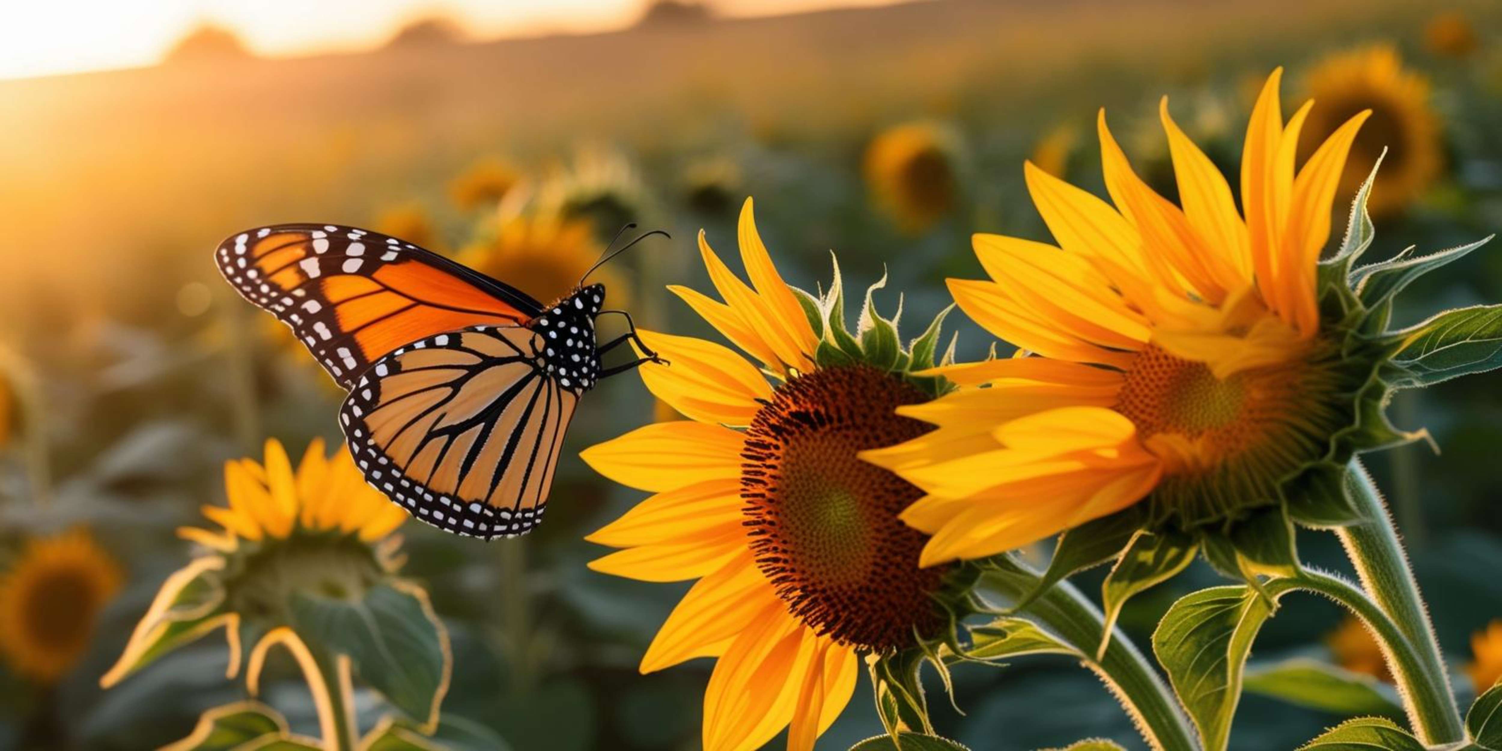 Monarch butterfly resting on a sunflower in a golden field at sunset. — Close-up Flower Wallpaper