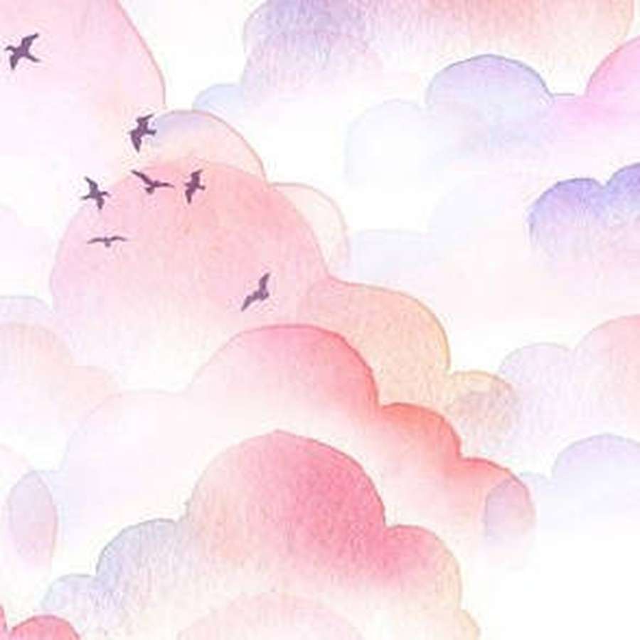 Pink and lavender watercolor clouds with birds flying overhead. — Clouds Aesthetics Wallpaper