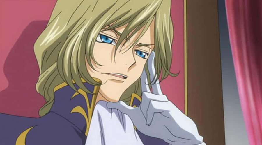 Anime character with blonde hair and blue eyes in a purple uniform. — Clovis La Britannia Wallpaper