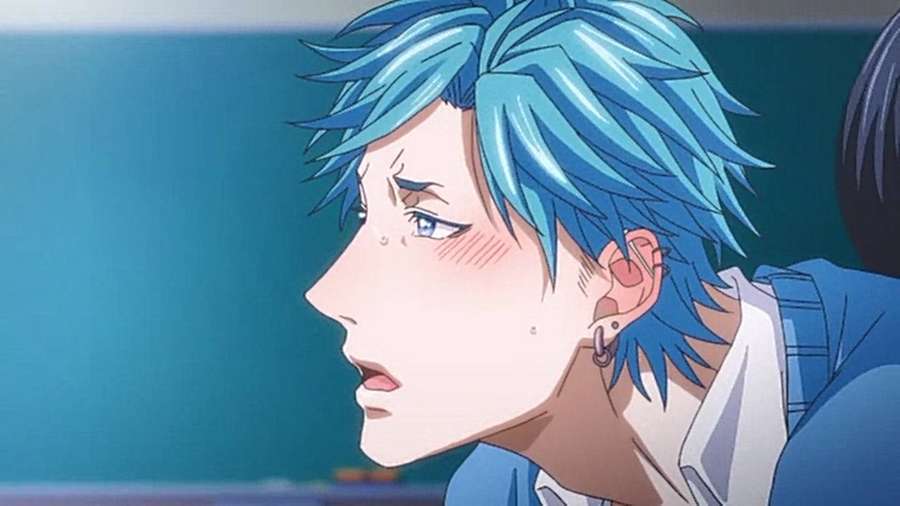 Garoto de anime com cabelo azul e marcas de lágrimas olhando para o lado com uma expressão triste. — Clube Papéis de Parede