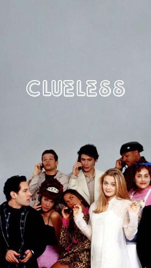 Cast of Clueless movie in 90s fashion posing with phones — Clueless Wallpaper