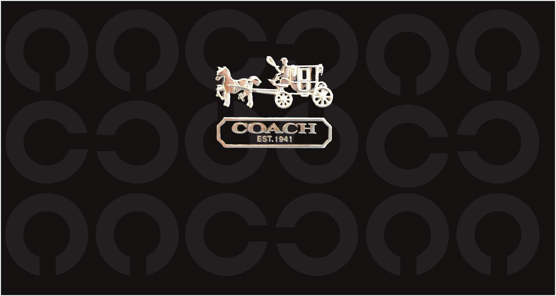 Coach brand logo featuring a horse-drawn carriage on a black patterned background. — Coach Background