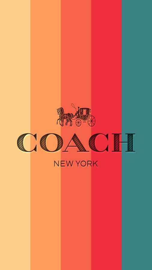 Coach New York logo with horse and carriage on colorful vertical stripes. — Coach Logo Wallpaper