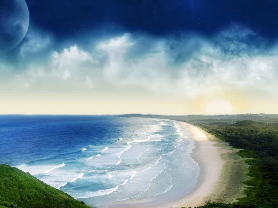 Surreal beach with ocean waves under a sky with moon and sun — Coastline Wallpaper
