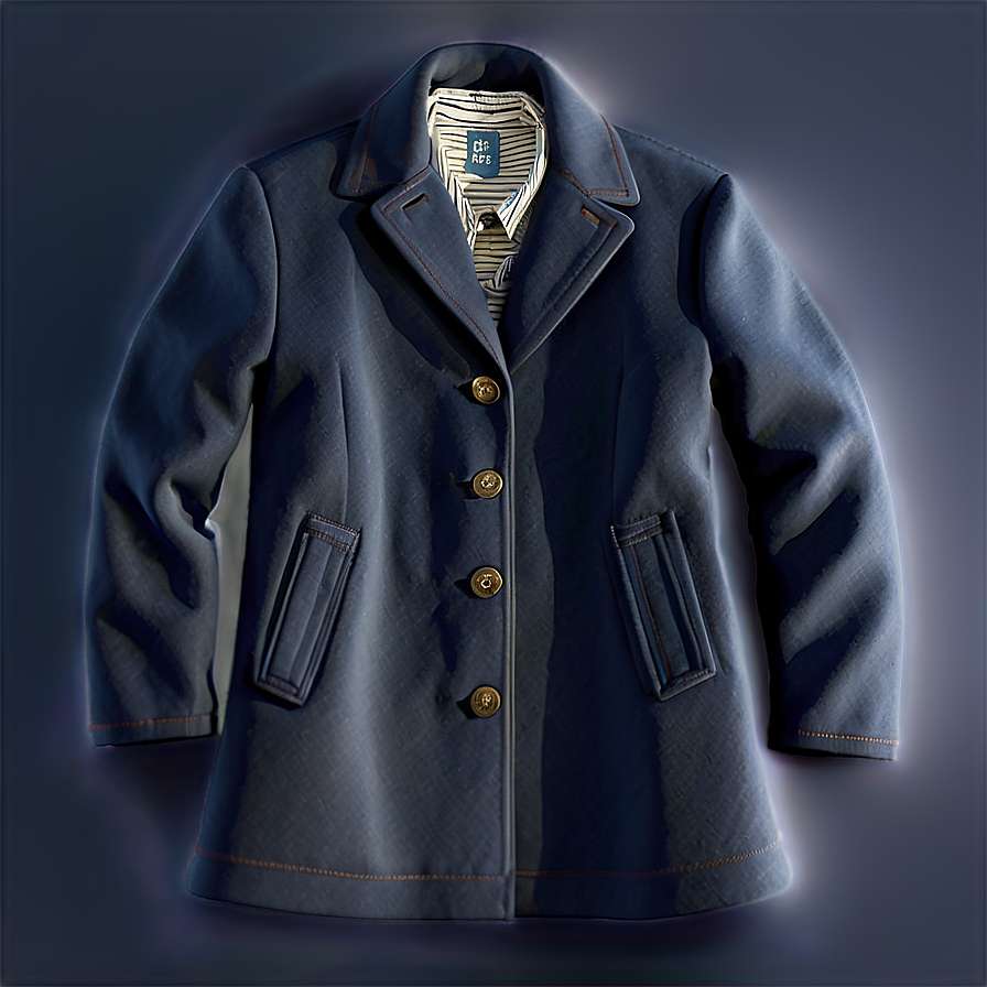 Navy blue wool coat with gold buttons and striped shirt collar. — Coat PNG