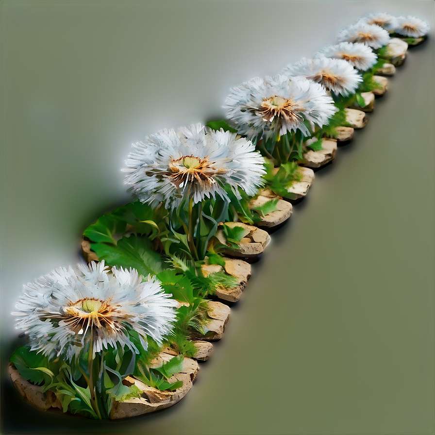 A row of dandelion clocks with white fluff and green leaves growing from wooden bases. — Cobblestone PNG