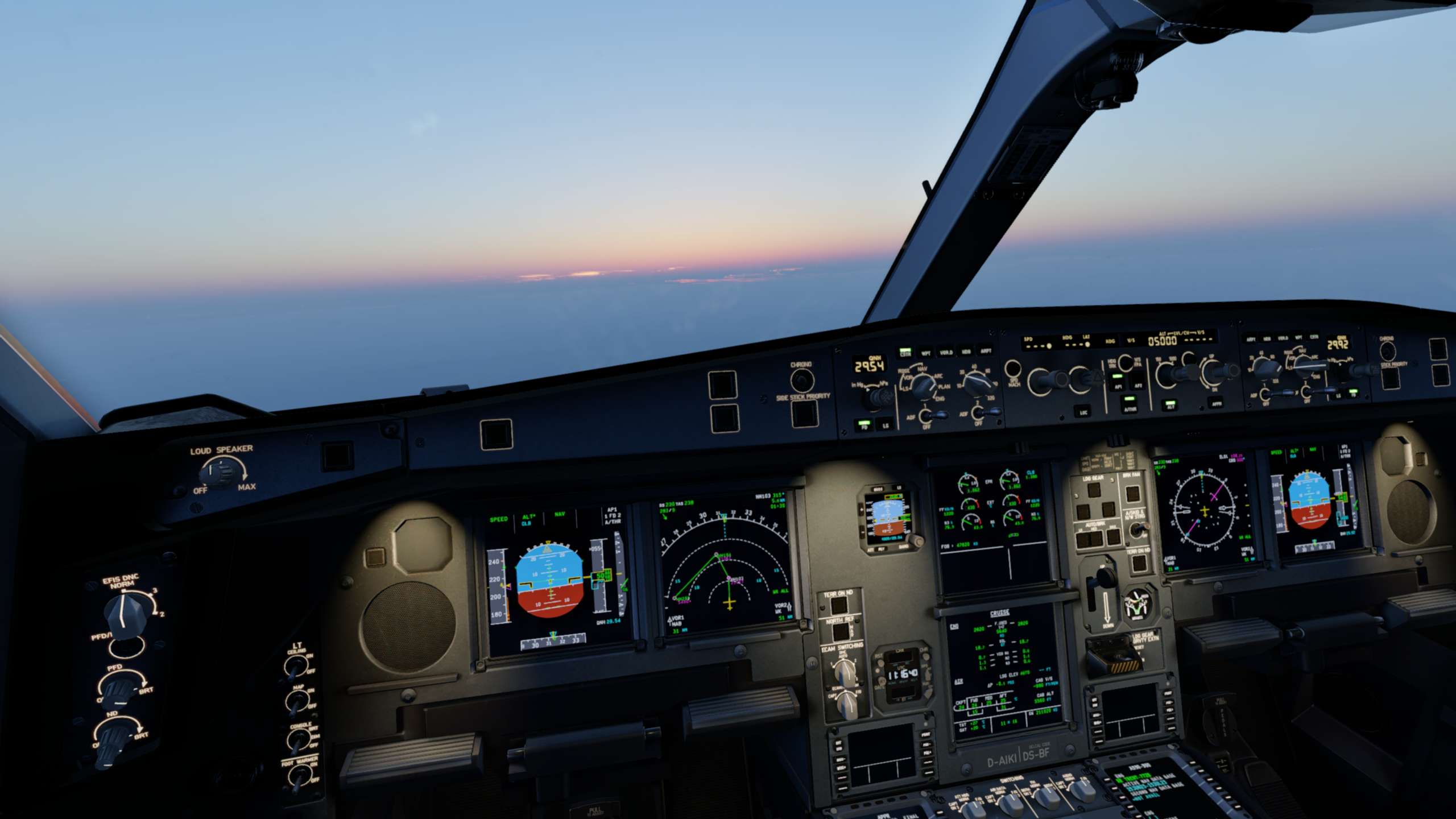 Aircraft cockpit at dusk with glowing controls and pink horizon. — Cockpit Picture