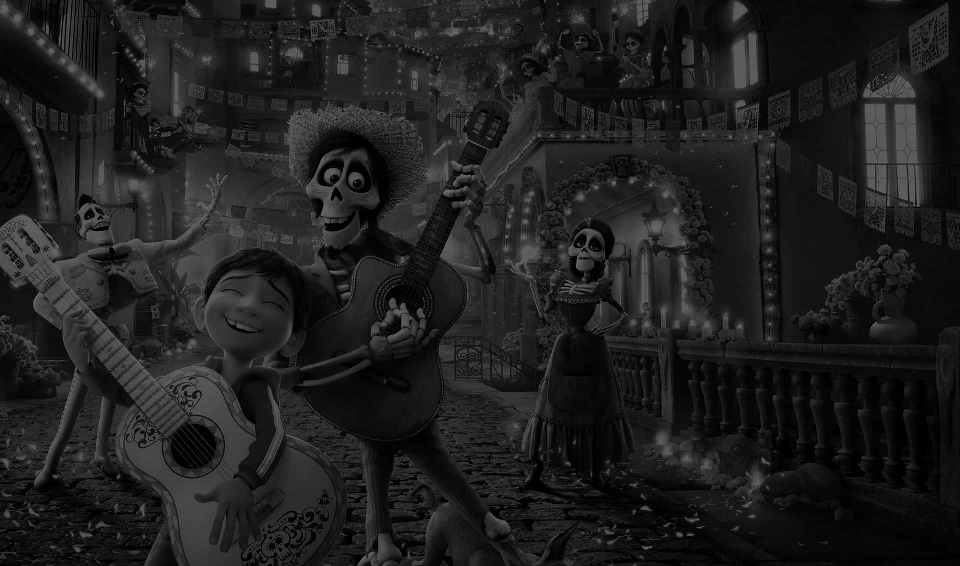 Skelettfigurer spelar gitarr och dansar på en festlig mexikansk gata firande. — Coco Disney bakgrund Bakgrundsbilder