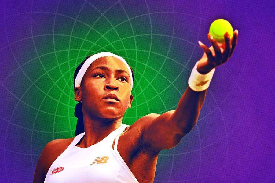 Female tennis player preparing to serve with intense focus against a colorful abstract background. — Coco Gauff Wallpaper
