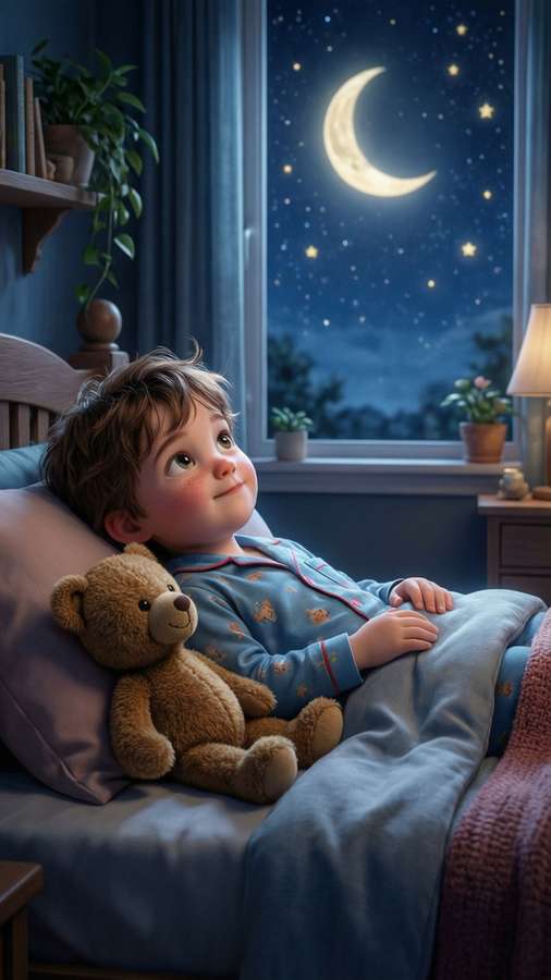JJ ready for bed with teddy bear under the stars — Cocomelon Picture