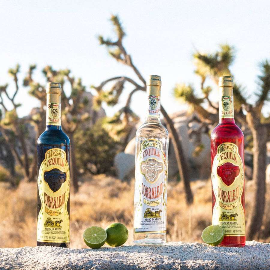 Tres botellas de tequila con limas en una roca del desierto con árboles de Joshua. — Cóctel Fondos de pantalla