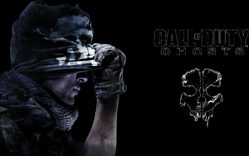 Soldier in hooded mask holding helmet against black background with game logo. — Cod PNG
