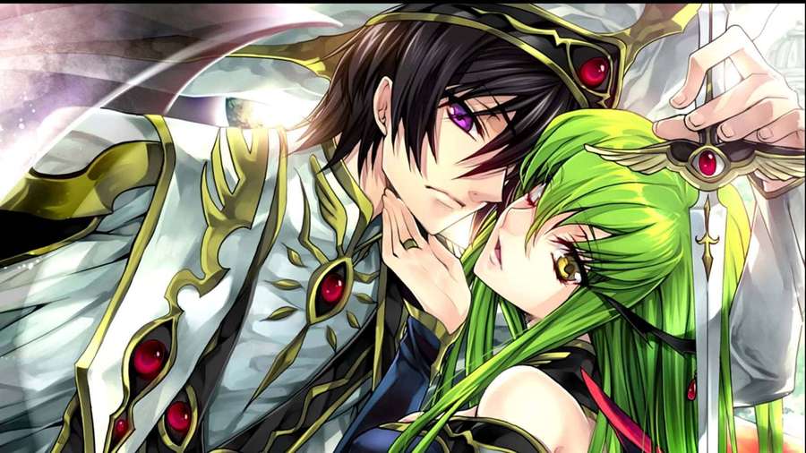 Anime characters in a tender moment with a glowing sword above them. — Code Geass Picture