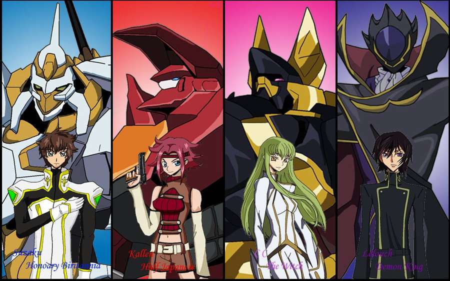 Anime characters and mechs in colorful panels with names below. — Code Picture