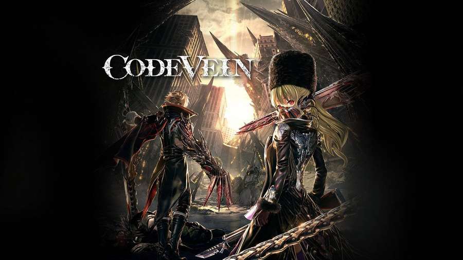 Dois caçadores de vampiros em armadura escura estão prontos para a batalha em uma cidade em ruínas. — Code Vein Papéis de Parede