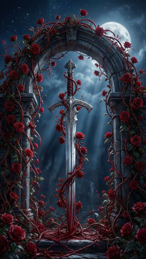 A decorative sword surrounded by red roses in a stone archway under a full moon. — Code Vein Picture