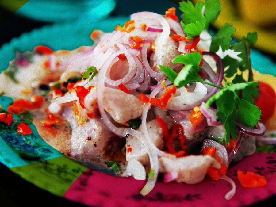 Ceviche com peixe, pimentões vermelhos, cebolas e coentro em um prato colorido. — Coentro Papéis de Parede
