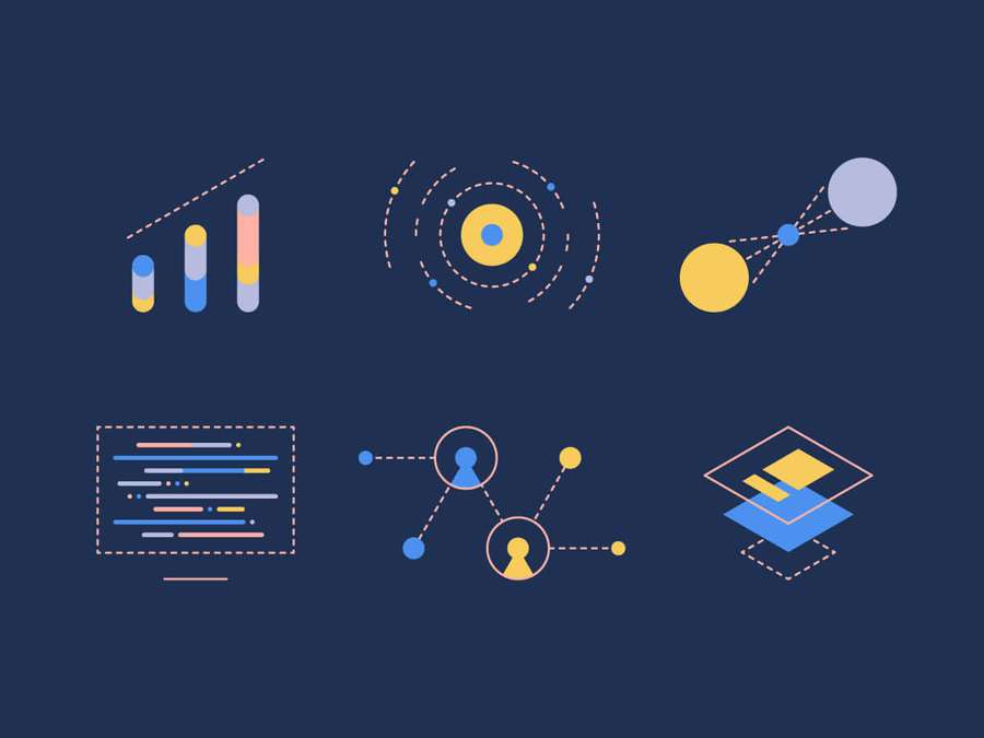 Set of six minimalist tech icons showing data charts networks and digital concepts on dark blue background. — Coherent Wallpaper