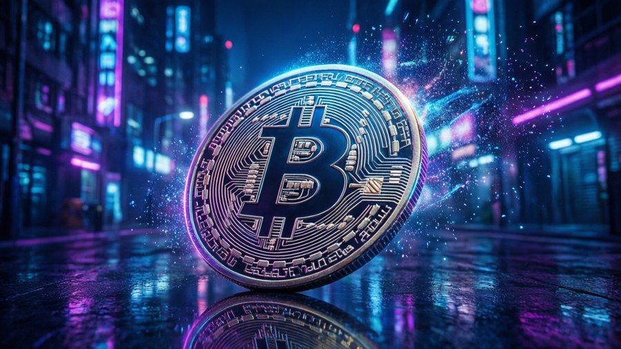 Bitcoin flipping in a cyberpunk neon city. — Coin Flip Wallpaper
